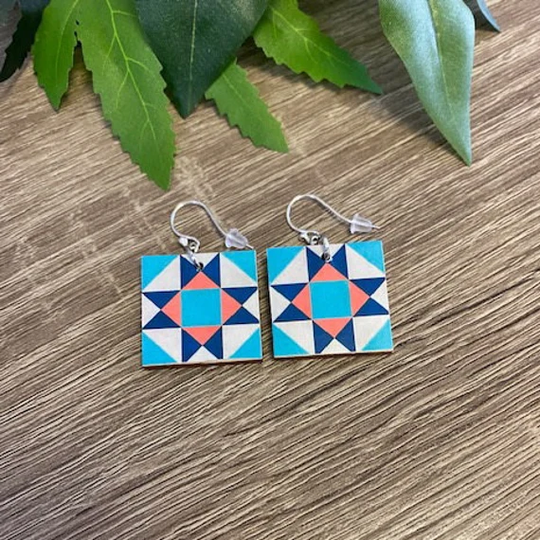 Barn Art, Quilt Pattern Earrings, Ohio Star, Reversible Image, One Inch Wood, Sterling Or Stainless Steel Wire