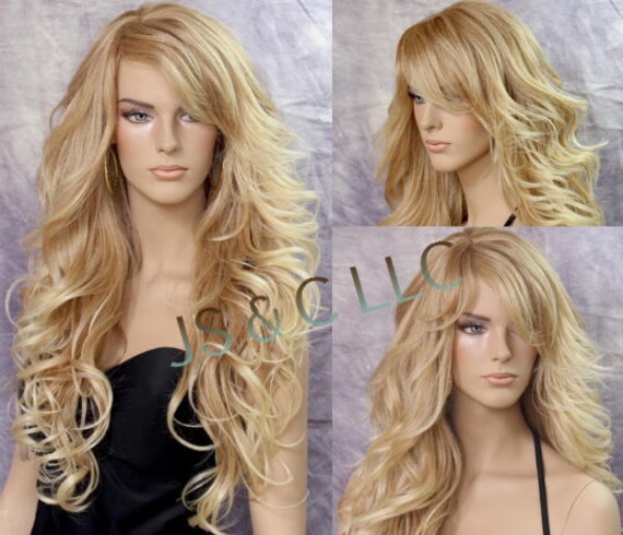 Absolutely Stunning Human Hair Blend Blonde Goddess Full Wig ... Big Loose Beacht Waves & Full Bangs. Layers Of Hair To Play With