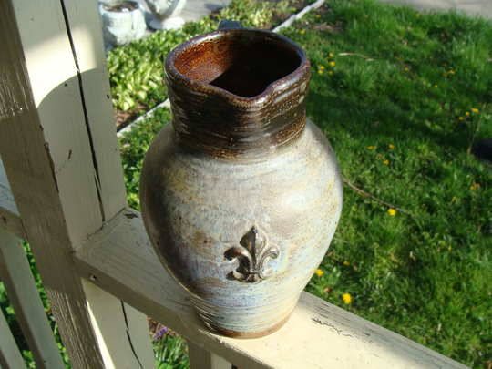 Belgian Dubois Stoneware Matte Blended Drip Glaze Decorated With A Fleur De Lis Motif Pitcher 10" Half Gallon Numbered 2