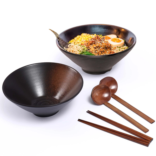 Ceramic Ramen Bowl Set, Japanese Noodle Bowls, 2 Pack, 60 Oz, Brown, Porcelain, with Chopsticks & Wooden Ladle Spoons, Microwavable