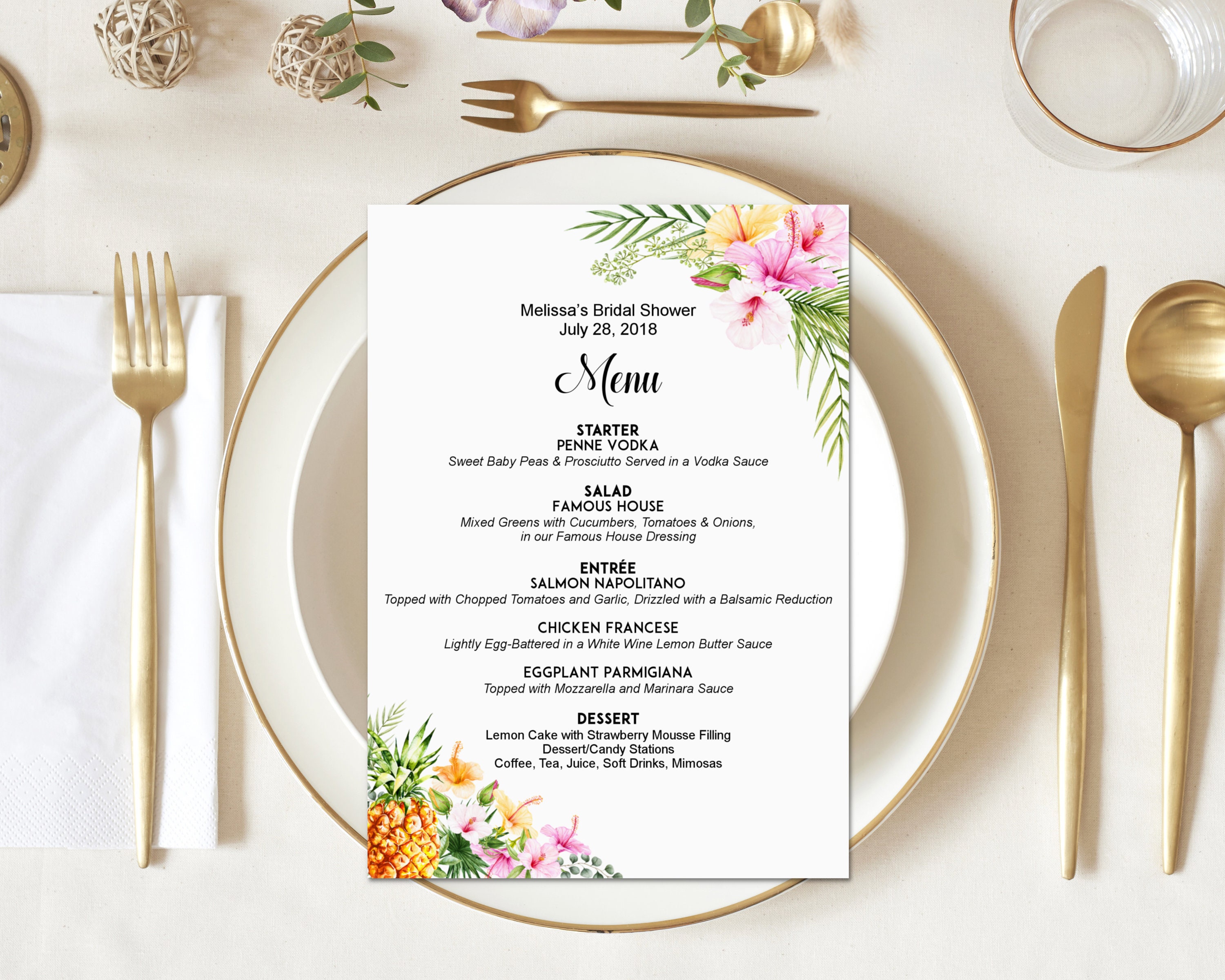 Menu Printable Tropical Bridal Shower Baby Birthday Wedding Sign Personalized Cards Hawaiian Floral Pineapple A76 B74 C74