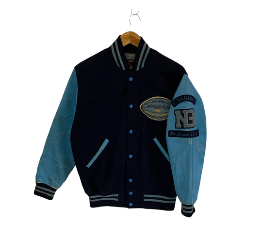 Vintage 90S Japan Varsity Jacket High School Fashion Outwear Blue Wool Leather No Good Club Football
