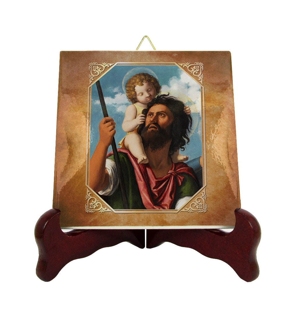 Saint Christopher - Catholic Icon On Tile St Gifts Holy Art Religious Icons Saints Serie