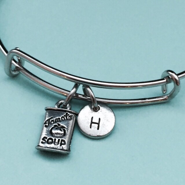 Tomato Soup Bangle, Tomato Charm Bracelet, Expandable Personalized Initial Monogram