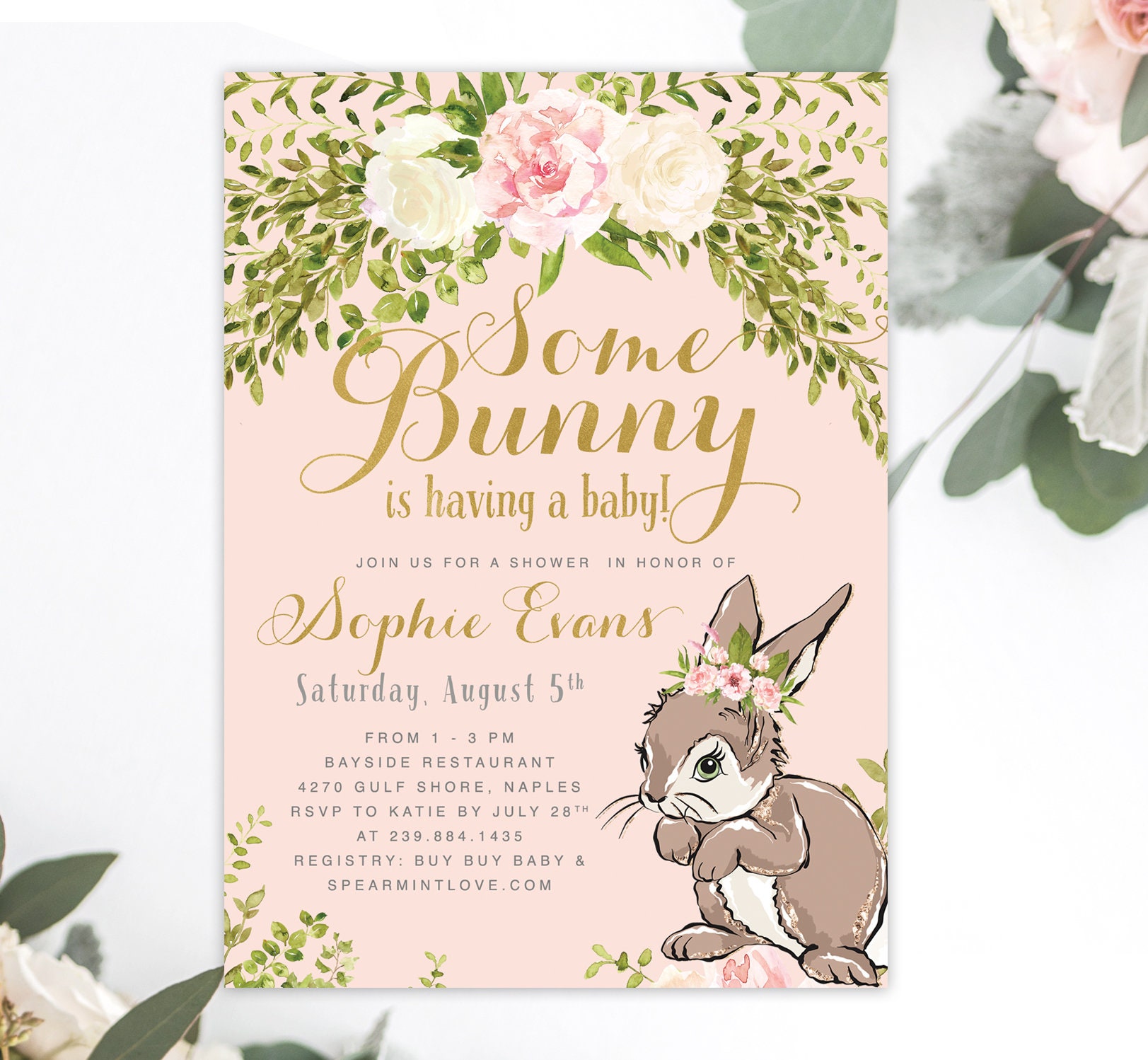 Bunny Baby Shower Invitation Girl, Some Shower, A Little Bunny, Girl Invite, Floral - Sophia