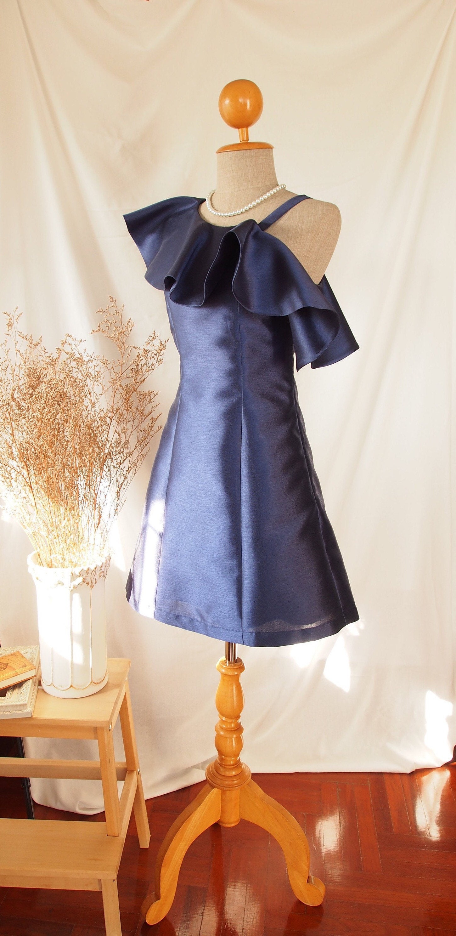 Emma - Navy Prom Dress One Shoulder Party Shining Silk Big Ruffle A Line Shape Blue Bridesmaid Wedding Date Night Formal Elegant Dress