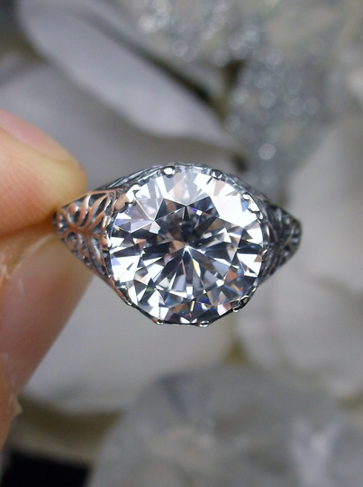 White Cz Ring/Solid Sterling Silver/ 4Ct Round Cubic Zirconia, Antique Reproduction Ivy Filigree [Custom] Design#13