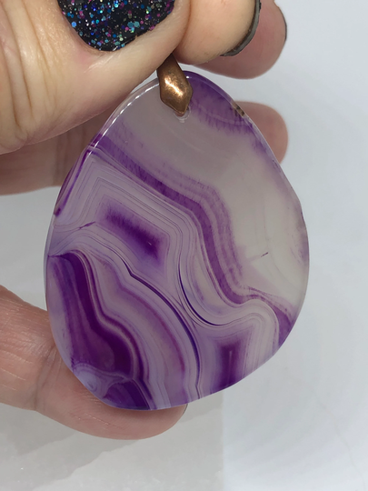 Banded Agate Purple/Clear Free Form Druzy Pendant Bead 50mm X 43mm 6mm With Antique Copper Bail 18In Braided Waxed Cord Or Black Leather