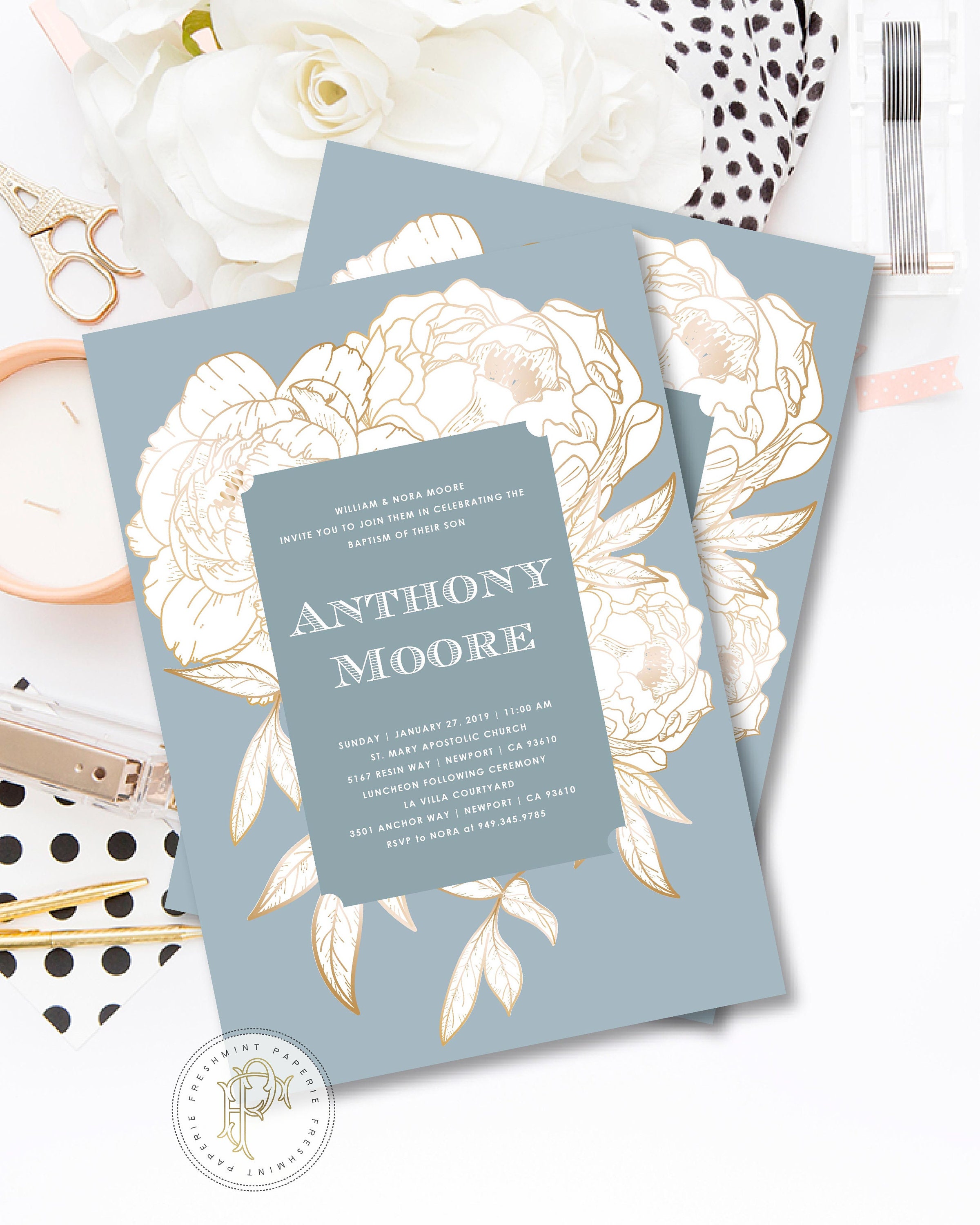 Baptism Invitation - Christening Dedication French Blue Invite 146