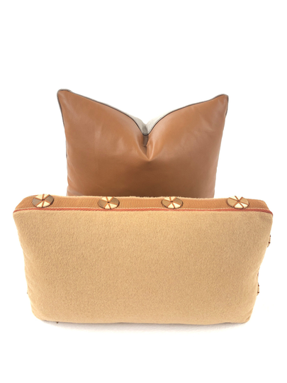 High End Wool Mohair Blend in Tan With Wood Trim, Decorative Pillows
