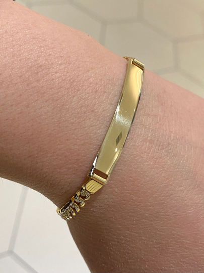 14K Two Tone Curb Link Id Bracelet. Diamond Cut Name Plate Personalized