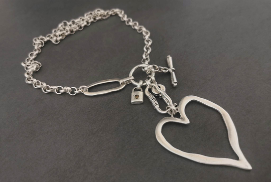 Silver Plated Chunky Chain Long Necklace, Toggle Clasp Rock Style Necklace, Minimalist Contemporary Jewelley