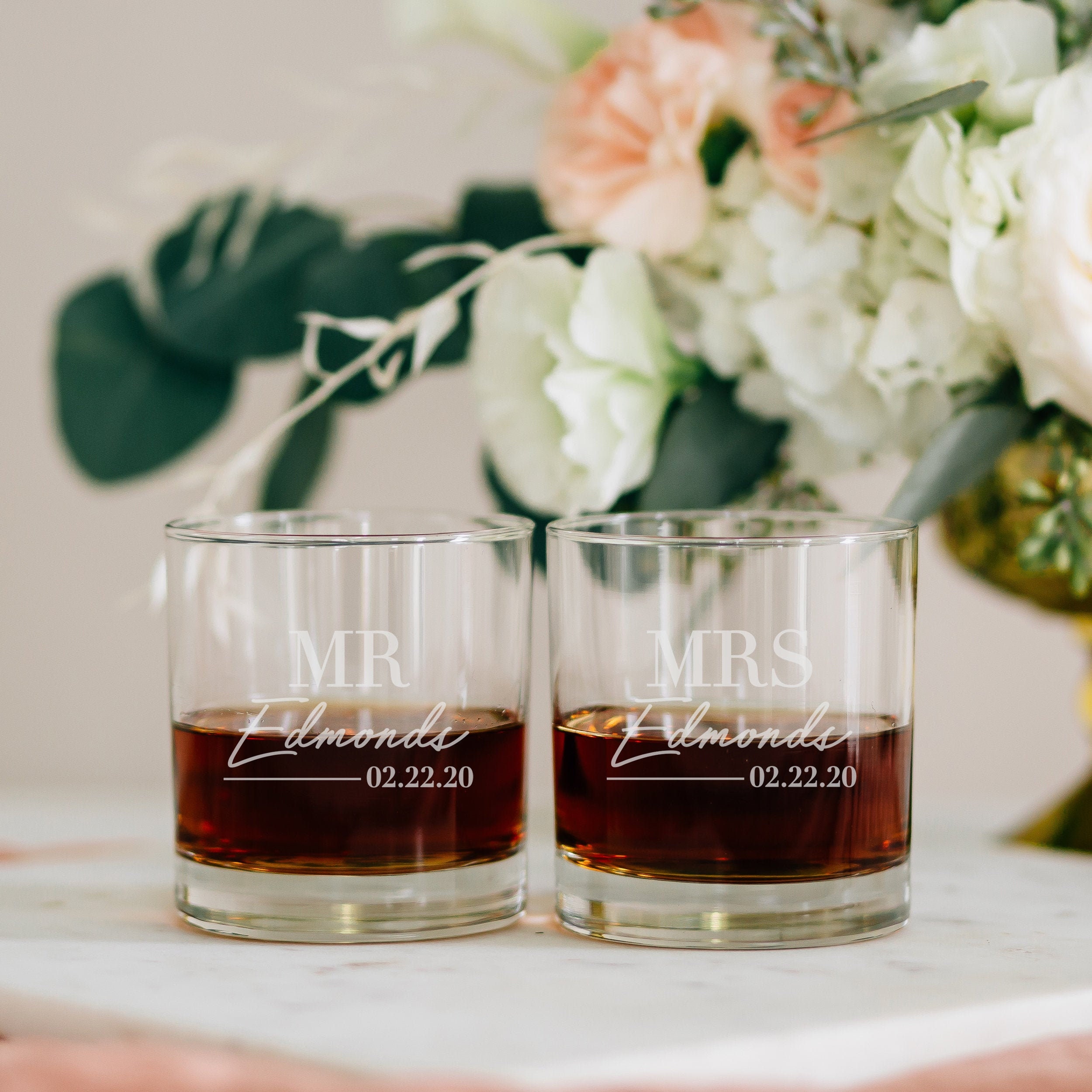 Personalized Couples Whiskey Glasses | Set Of Two Custom Engraved Scotch Glasses, Etched Wedding Dof Glass Engagement Gift