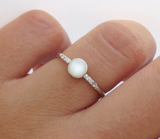 Pearl Ring, White Mother Of Bridal Ring With Diamonds, Natural June Birthstone, Promise