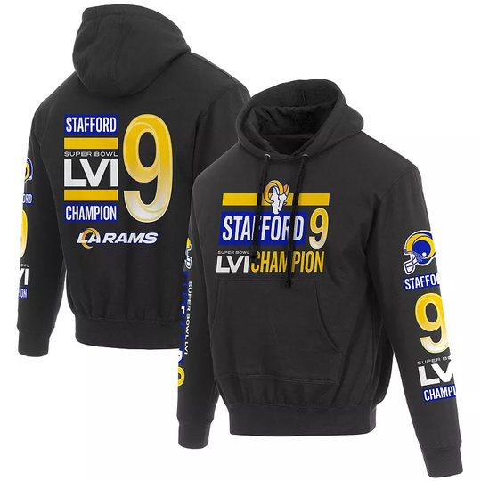 Men's JH Design Matthew Stafford Black Los Angeles Rams Super Bowl LVI Champions Player Name & Number Pullover Hoodie, Size: Medium
