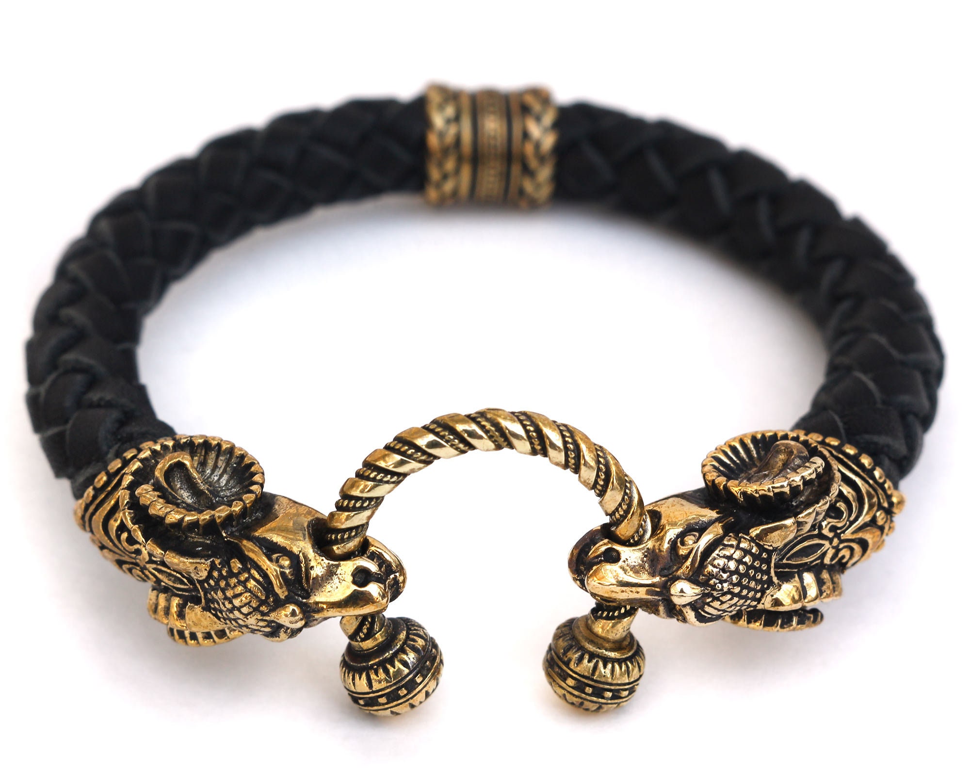Black Leather Bracelet With Bronze Ram Heads Leather Ram Pagan Woven For Men Handmade Gift For Aries