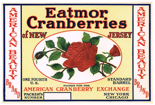 Original Cranberry Advertising Label 1930's Vintage American Beauty Rose Floral New Jersey Chicago York