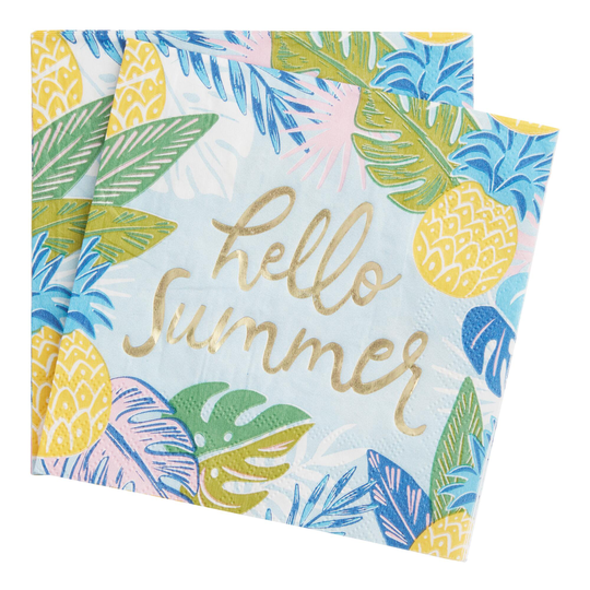 20 Count Aqua Hello Summer Beverage Napkins Set of 2: Green/Pink/Yellow - Wood by World Market