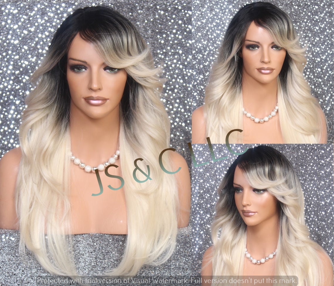 Human Hair Blend Dark Roots With Bleached Blonde Wig Wavy Sides & Long Bangs Cancer Alopecia Theater Cosplay Club