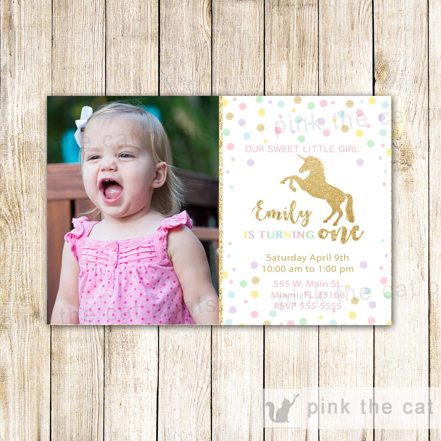 Glitter Unicorn Invitation Birthday Party Gold Confetti Theme Photo