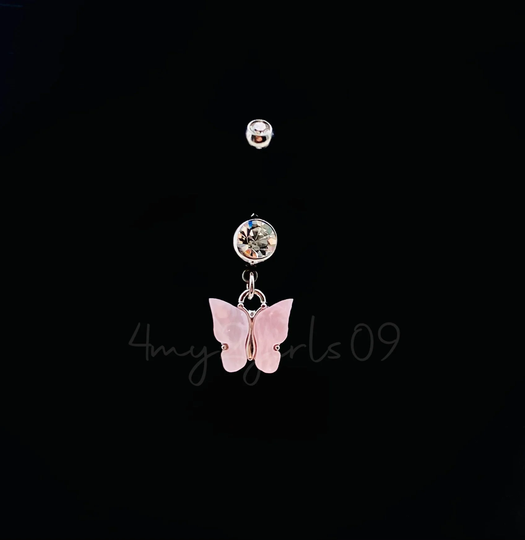 Bin #97 Pink Butterfly Dainty Silver Rose Quartz Gem Stone Inspired Simple Boho Dangle Navel Belly Button Ring 316L Stainless Steel