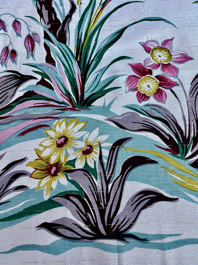 3.7Yds 40's Tropical Birds Miami Beach Mural Vintage Fabric Yardage New Old Stock