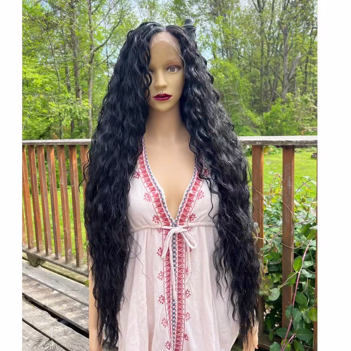 Extra Long Curly Black Human Hair Blend Side Parting Daily Wig