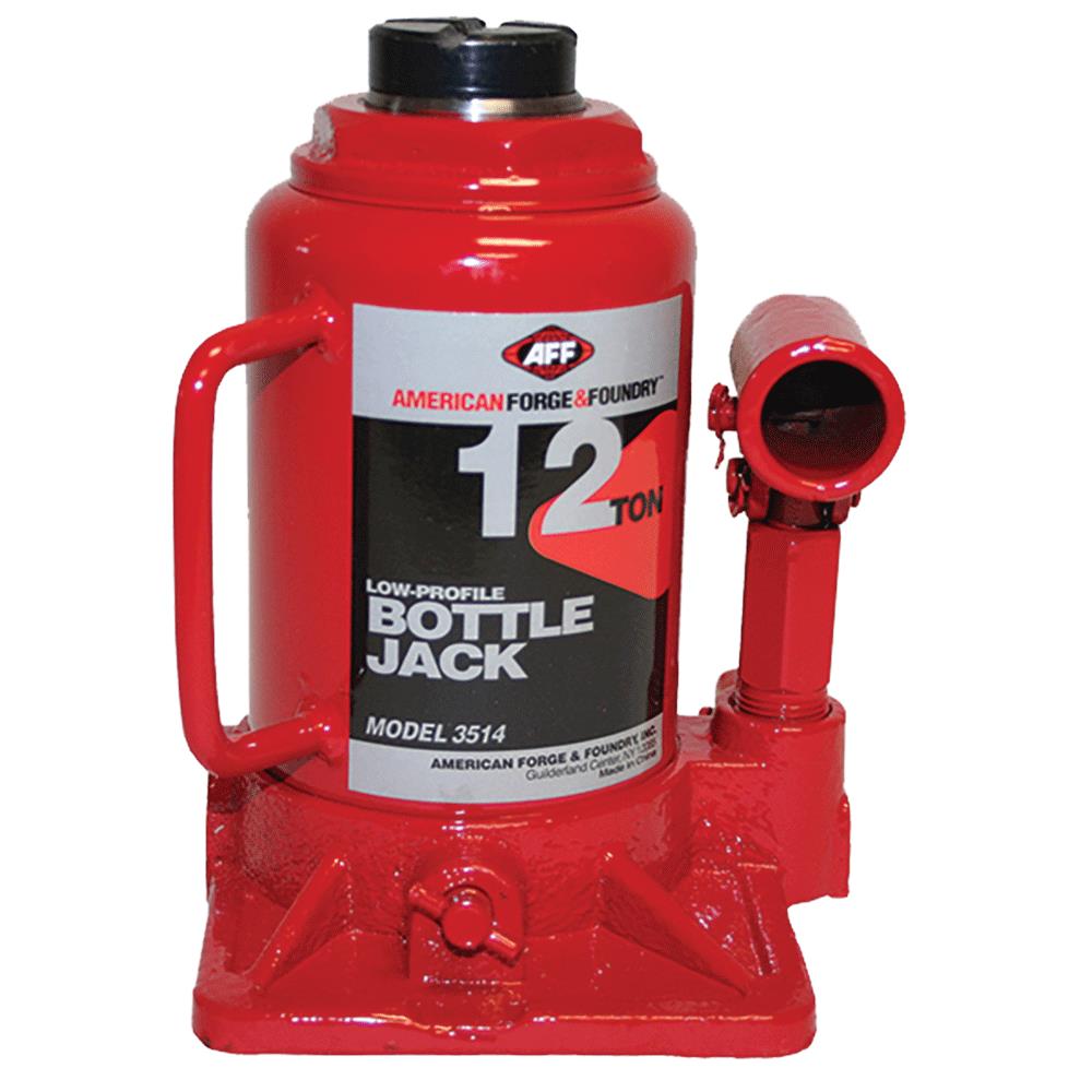American Forge & Foundry Heavy Duty 12 Ton Bottle Jack, Short Body, Manual, Machine Hardened Steel Saddles, Centered Pumps and Rams | 3514