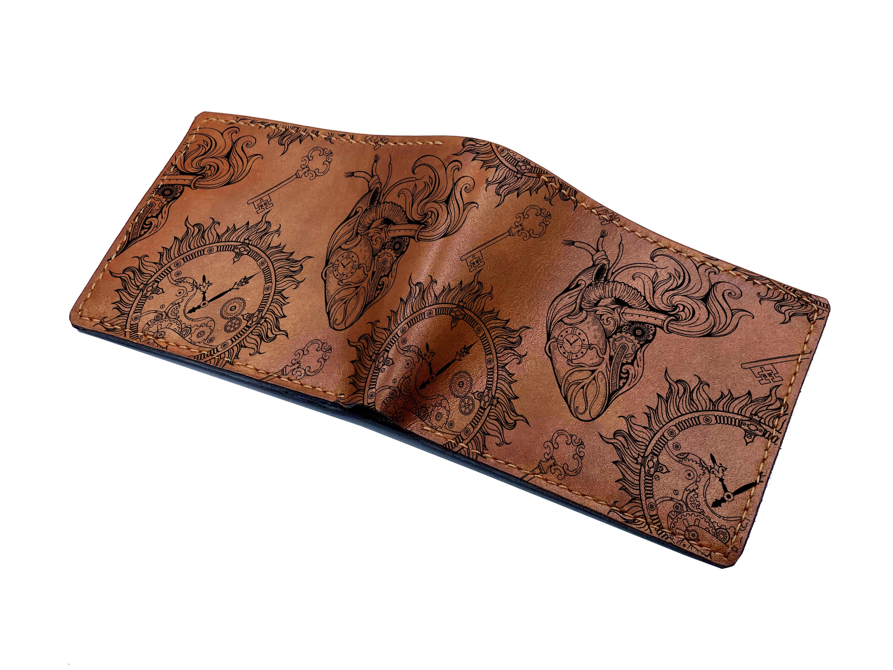 Custom Steampunk Heart Pattern Men Wallet, Leather Handmade Mechanical Style Wallet For Him, Birthday Gift Boyfriend