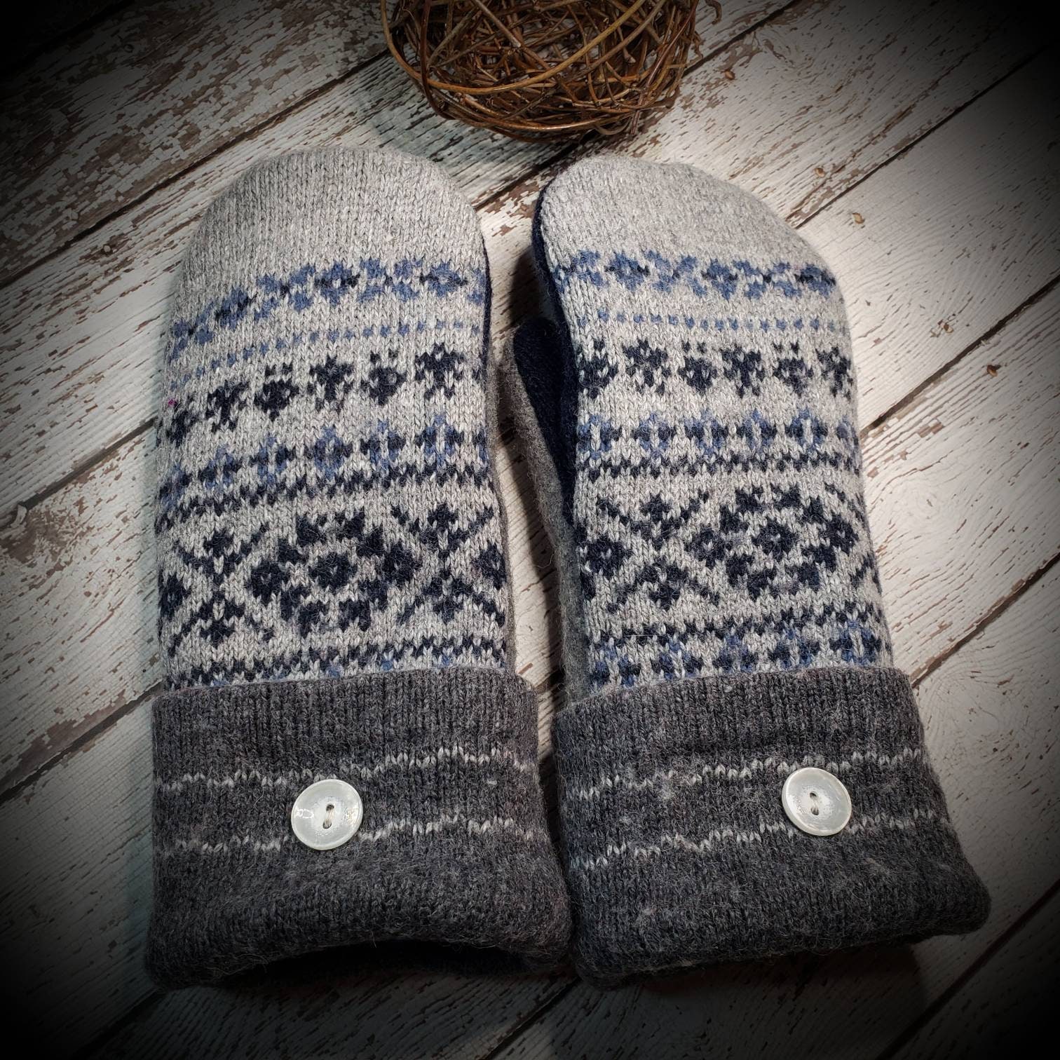 Recycled Felted Wool Blend Sweater Mittens-Blue Gray Fairisle Upcycled Mittens Super Warm-Womans Accessories-Stocking Stuffers