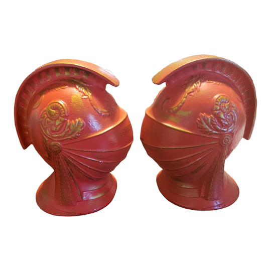 Vintage 1970S Orange & Gold Knight Helmet Statues - Set Of 2