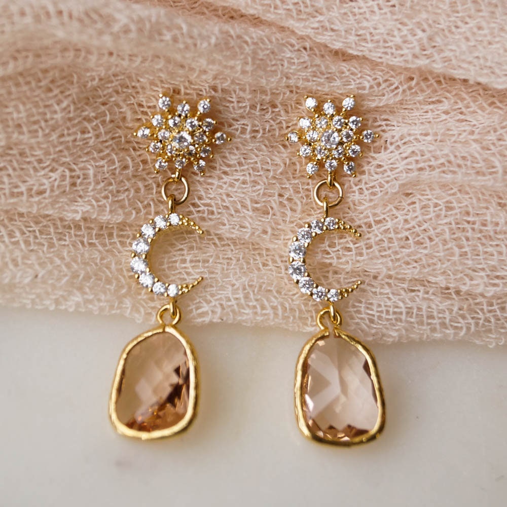 Aylin Crescent Drop Earrings, Galaxy Moon Celestial Boho Bridal Bohemian Wedding