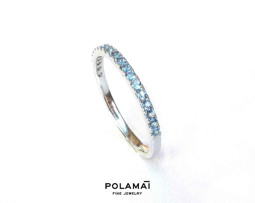 Ready To Ship . 14K White Gold Us 4.5 6.5 Half Eternity Aquamarine Ring Wedding Band Stacking