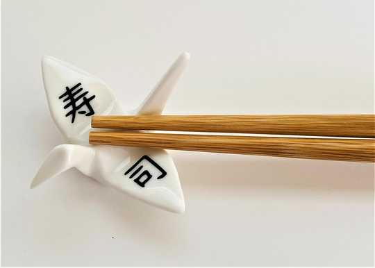 Personalized Ceramic Origami Crane Chopstick Rests & Bamboo Chopsticks Gift Set With Customized Japanese Kanji Vinyl Stickers