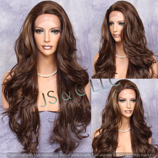 Full Lace Front Wig Human Hair Blend Long Wavy Layered Brown Medium Auburn & Light Mix Cancer/Alopecia/Cosplay