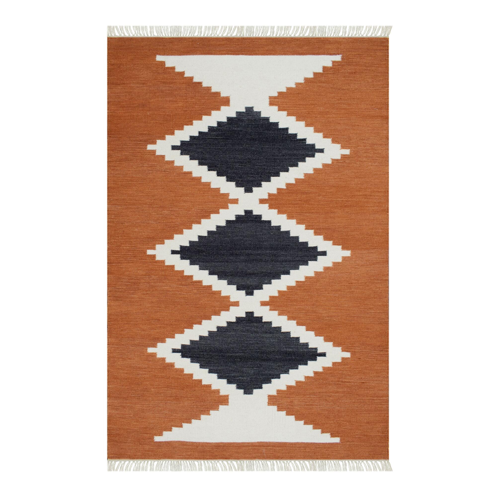 Rust and Charcoal Diamond Wool Kilim Malik Area Rug: Orange - 5' x 8' by World Market