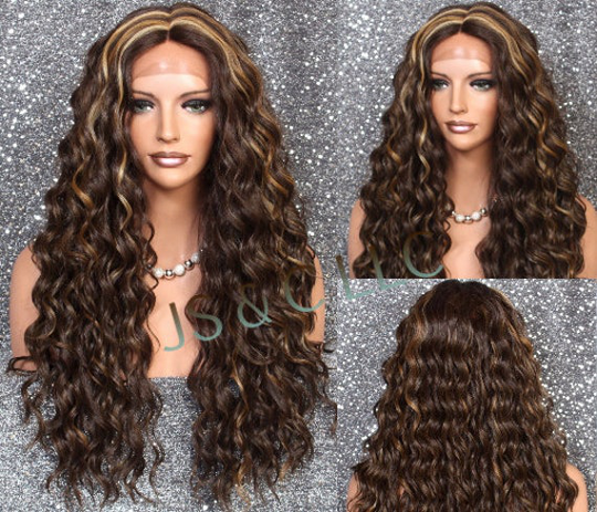 Human Hair Blend Long Curly Wig Hand Tied Soft Swiss Lace Front Hand Tied Mono Center Part Caramel Brown Blonde Mix Cancer/Alopecia/Cosplay