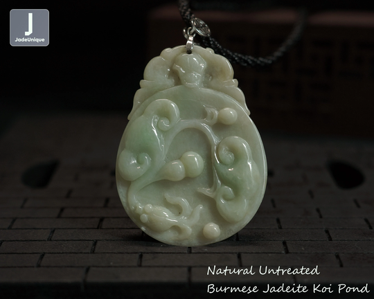 Jadeite Koi Pond Pendant With String Necklace, Hand Carved Burmese Jadeite, Natural Untreated Grade A Jade