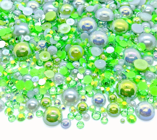 Virgo Zodiac Blend Rhinestone Mix 2mm-10mm Flatback Jelly Resin | Faux Pearls Rhinestones Mixed Sizes, Green Gray