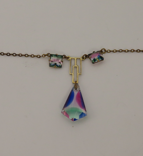 Vintage Art Deco Iris Gold Filled Rainbow Glass Necklace