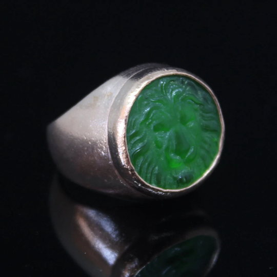 Handmade Hammered Band Venetian Glass Lion Intaglio Ring, Gold Over 925K Sterling Silver, Minimalist Stack Designer Jewelry