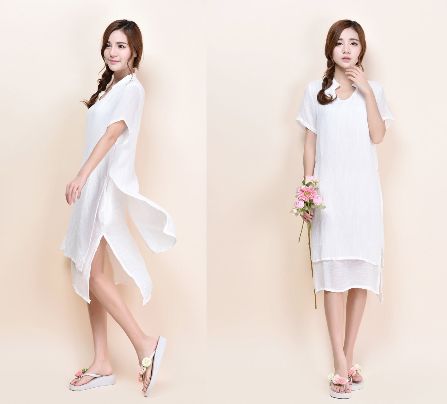 V - Neckline Silk Linen Blend Two Layered Dress With Short Sleeves/ More Color Schemes/ Ramies