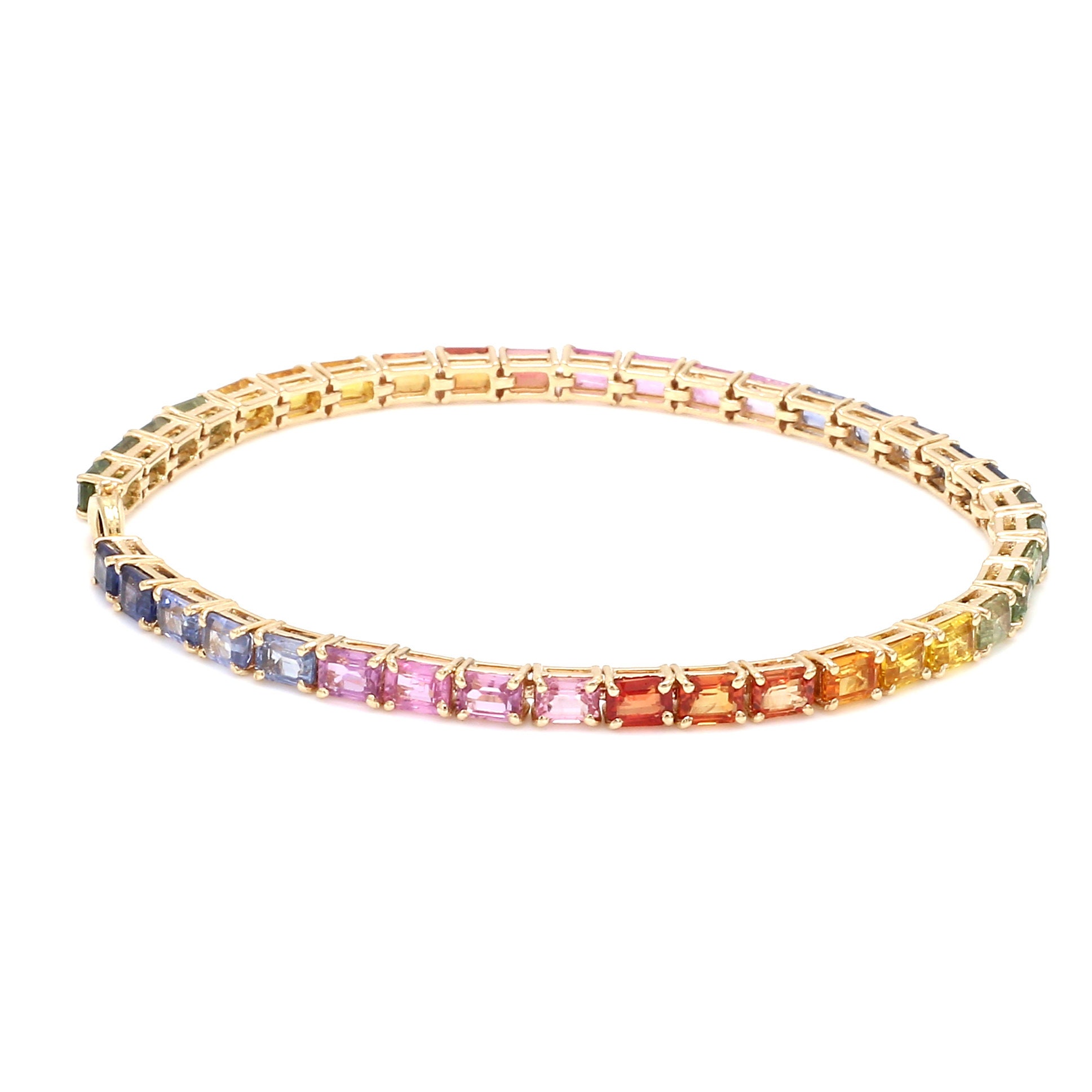 14K Solid Gold Rainbow Sapphire Emerald Cut Tennis Bracelet | Natural Octagon Ombre Rainbow