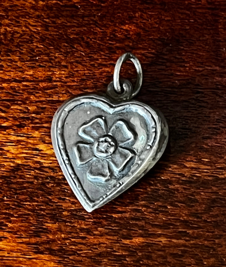 Vintage Sterling Silver Floral Puffy Heart Pendant Charm