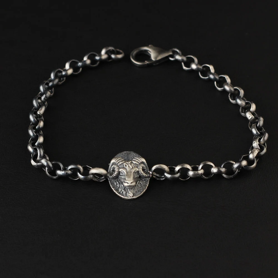 Silver Rams Head Bracelet, Goat Charm Sterling Unique Ram Chain Bracelet