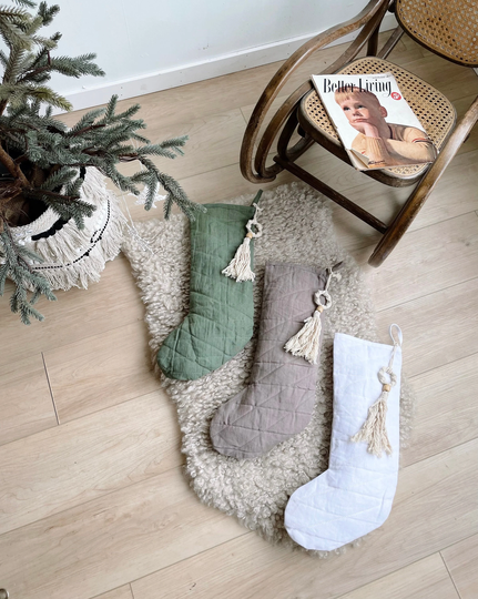 Linen Blend Bohemian Christmas Stocking | Neutral Decorations Earth Toned Stockings
