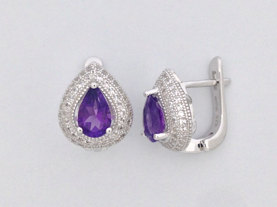 Natural Amethyst With White Sapphire Earrings 925 Sterling Silver