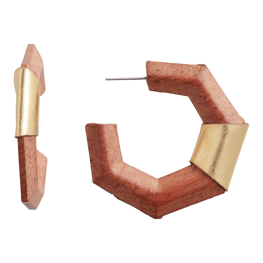 Wood And Gold Faux Leather Hexagon Hoop Earrings: Brown by World Market