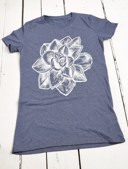 Womens Succulent T Shirt - Organic Plant Print Tee Tri-Blend Women's T-Shirts Crewneck Soft Succulents Linocut