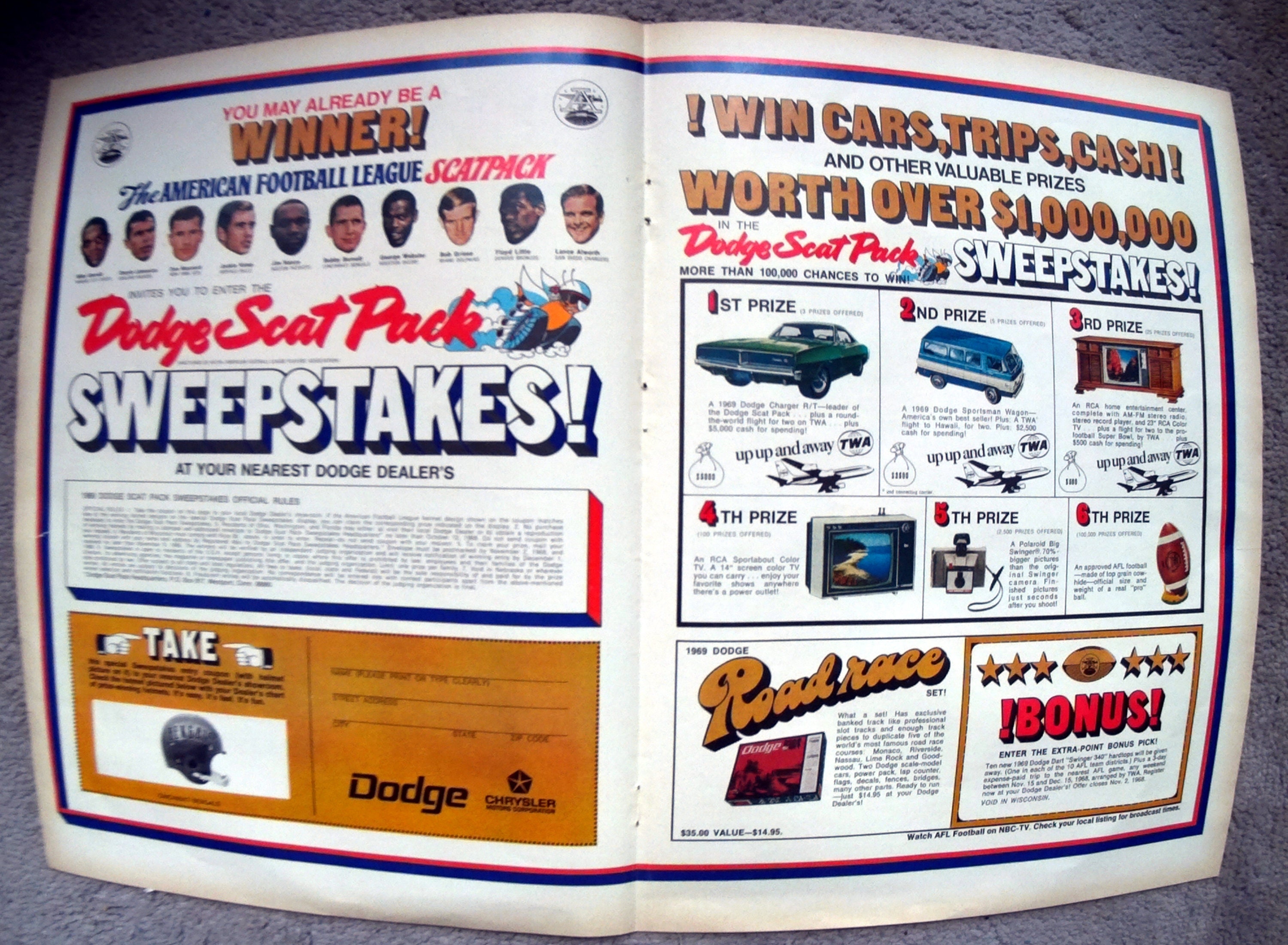 1969 Dodge Charger-Afl Scat Pack Sweepstake Original 2 Page 13.5 10.5 Magazine Ad